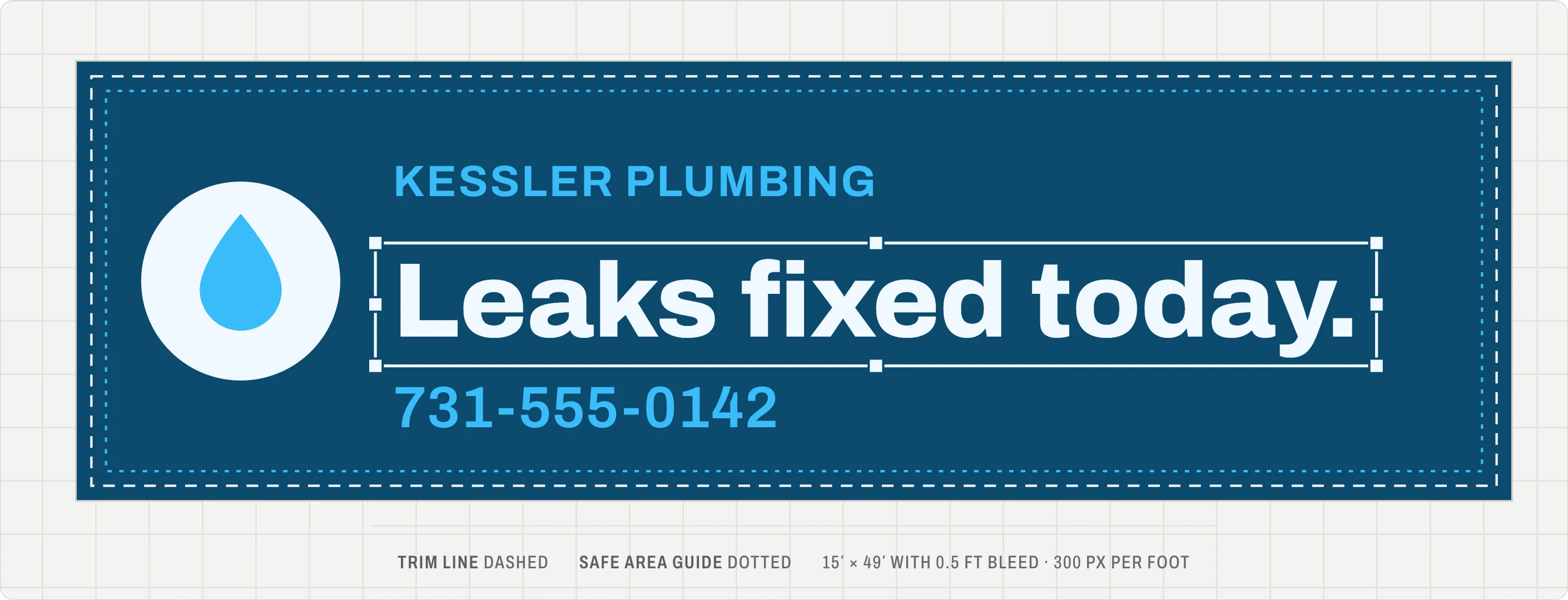 Gabie Studio’s canvas: the Kessler Plumbing board at the face’s exact size, trim line dashed, safe-area guide dotted, 300 px per foot