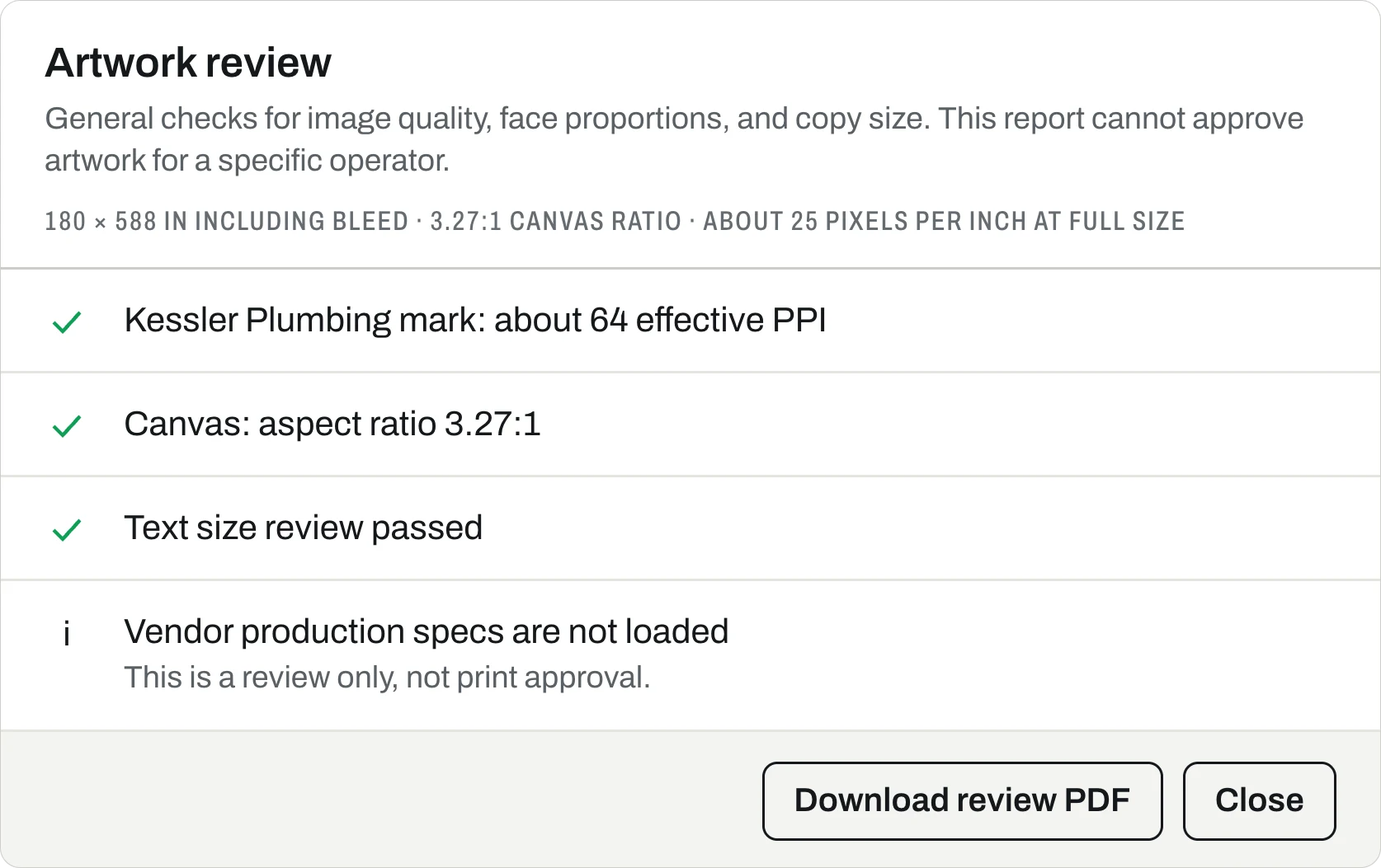 Studio’s artwork review: the logo at about 64 effective PPI, the canvas ratio, text size passed, and a note that vendor production specs are not loaded