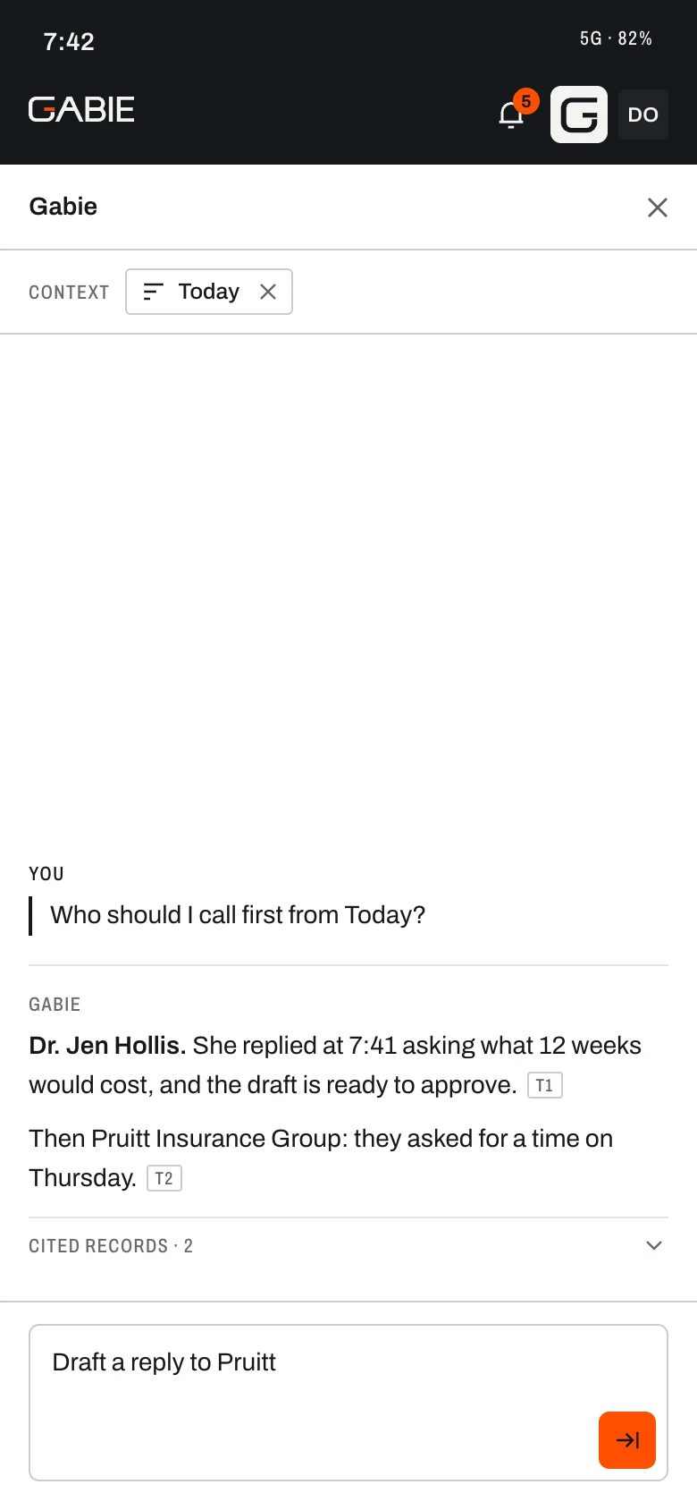 Gabie on a phone: Gabie answering a question with the records it used