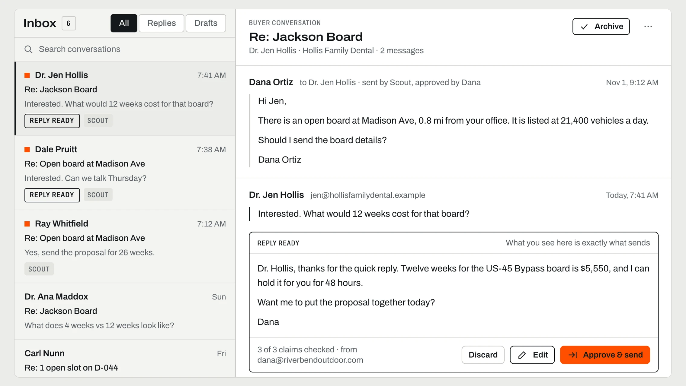 Gabie’s Inbox: buyers who replied interested to Scout’s emails, with the answer already drafted and ready to approve and send