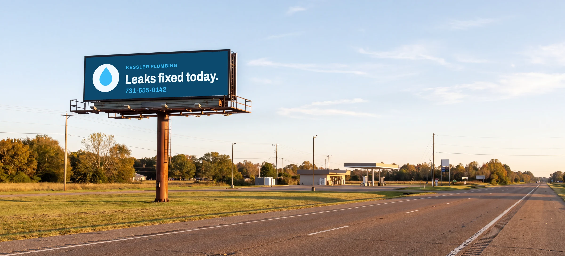 Billboard B-114 N beside a four-lane highway in late-afternoon light, showing the Kessler Plumbing design Studio made: Leaks fixed today, 731-555-0142
